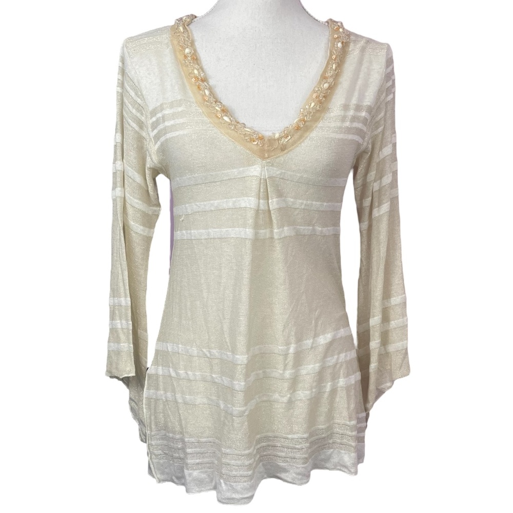 Letarte Cream Beaded V-Neck Top Xs cover up swim beach knit lightweight